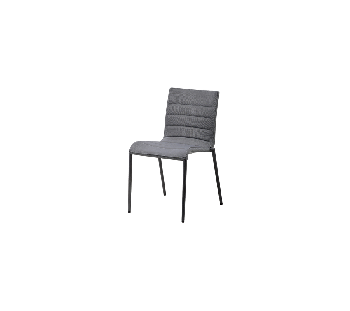 Modern gray chair with a minimalistic design, featuring a cushioned seat and backrest for comfort.