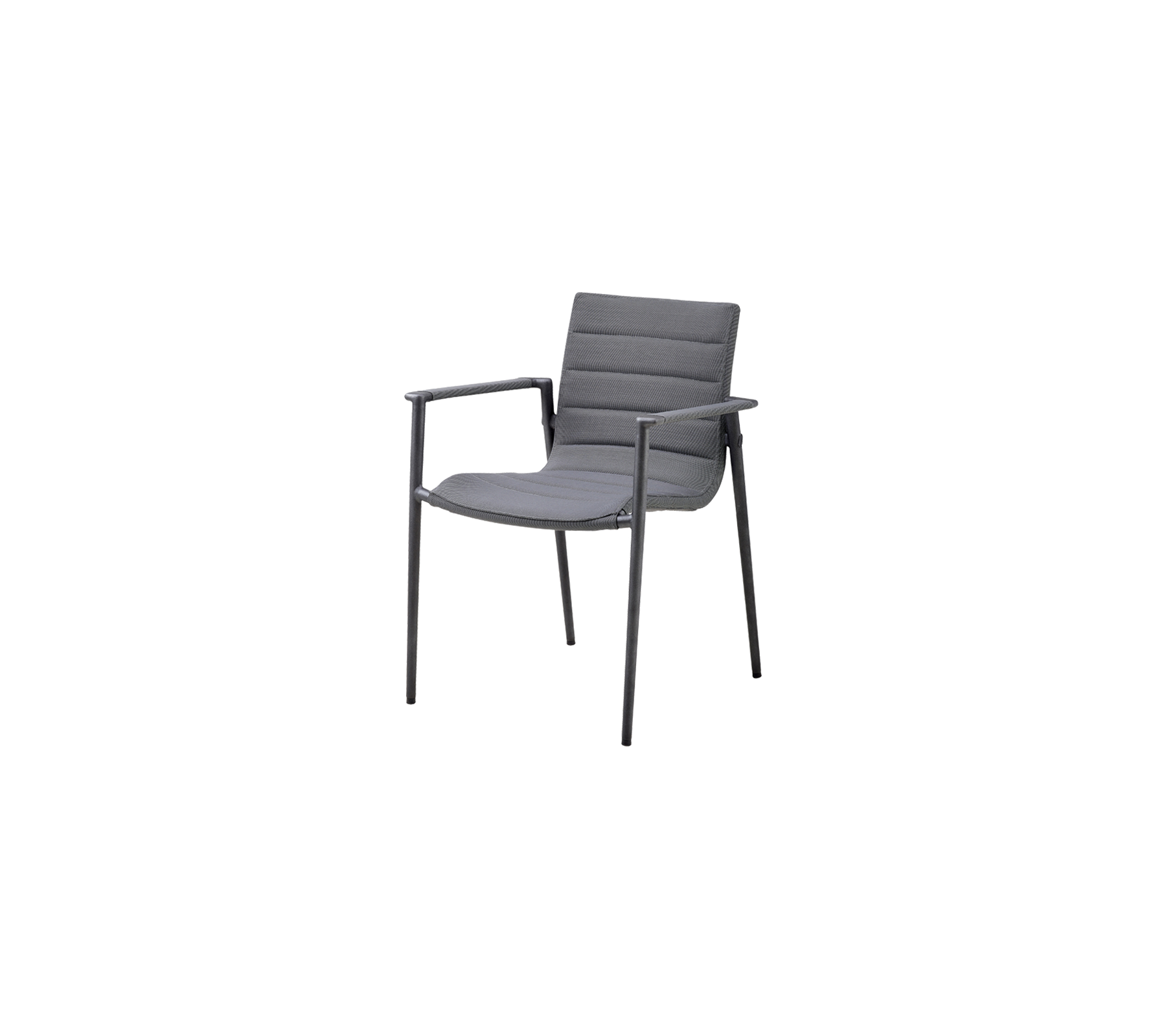 Stylish gray chair featuring padded seat and backrest with armrests, designed for comfort and modern decor.