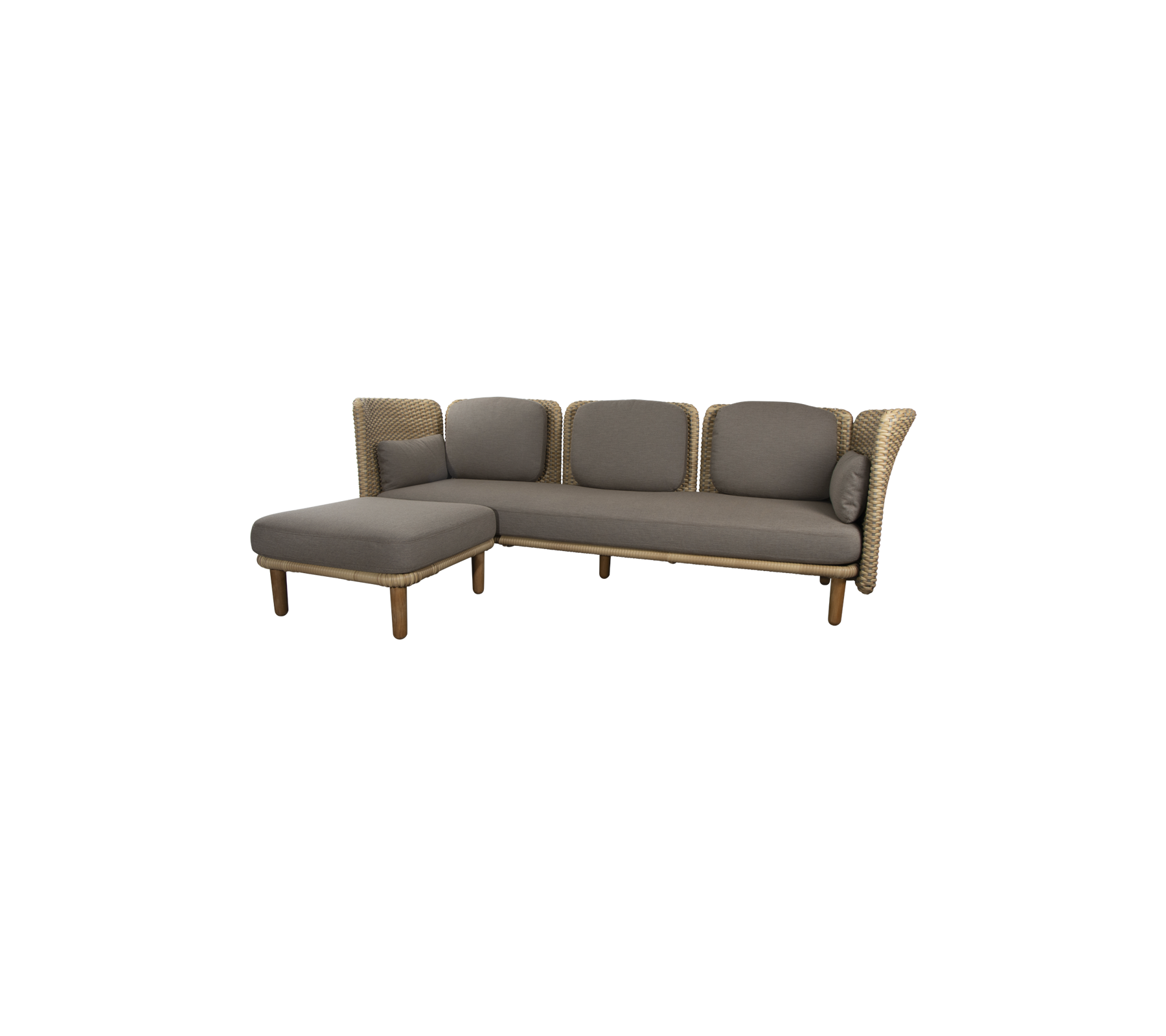 Modern sectional sofa with plush gray cushions and sturdy wooden legs, designed for comfort and style. Ideal for relaxing or socializing.