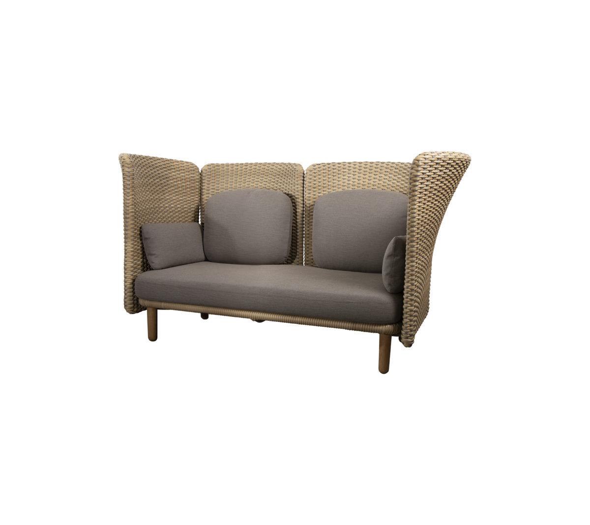 Stylish lounge sofa with woven sides and plush gray cushions, designed for comfort and modern aesthetic appeal.