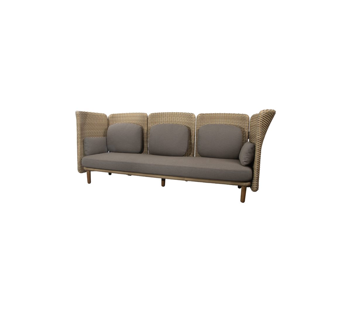 Stylish three-seater sofa with a woven design and gray cushions, perfect for modern living spaces.