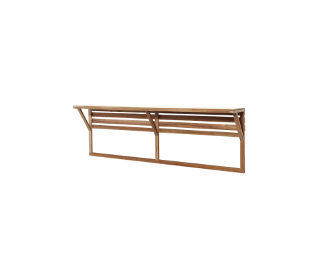 A sleek wooden shelf with slatted design, featuring sturdy side supports for additional stability, ideal for various applications.