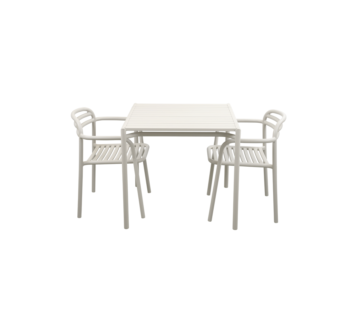 A light-colored table with two matching chairs, featuring a sleek design suitable for casual dining or gatherings.