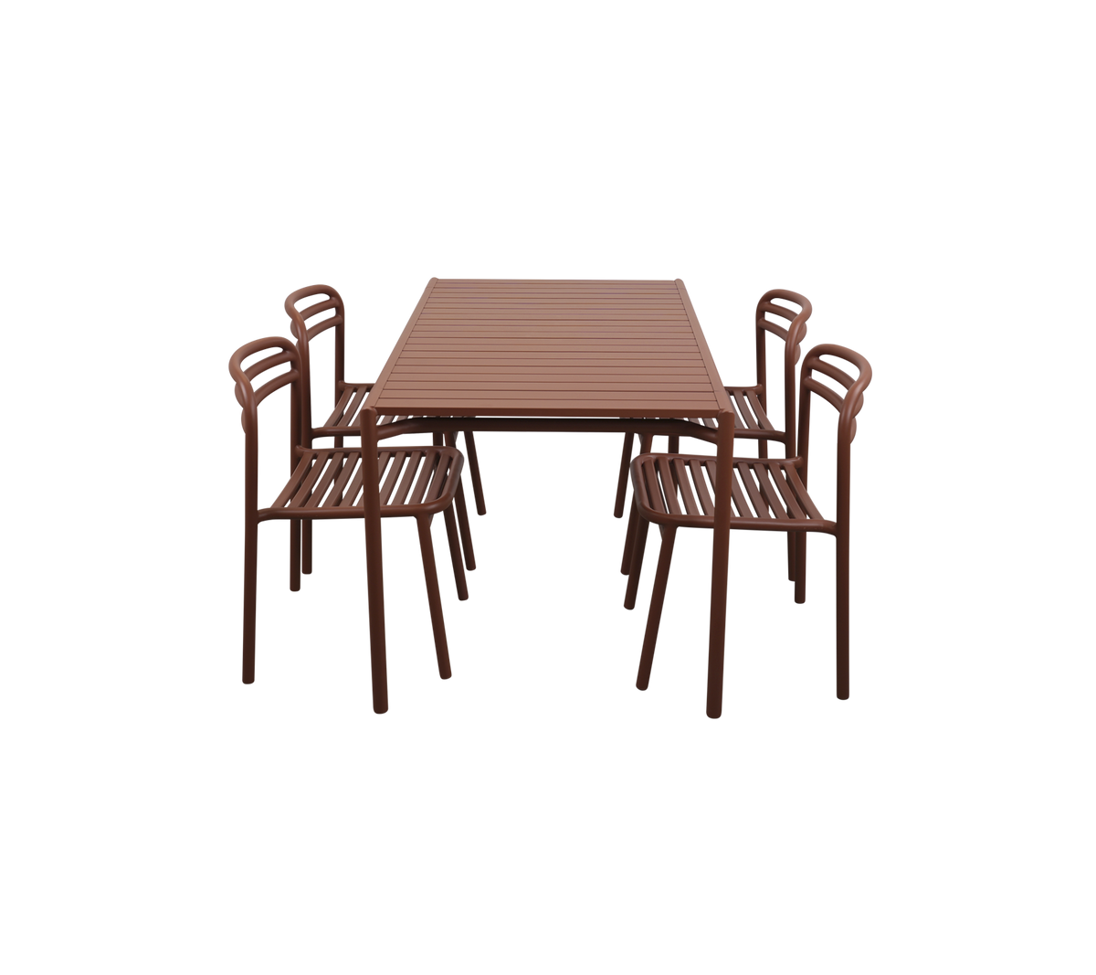 Rectangular table with six matching chairs, all featuring a sleek brown design and slatted surfaces. Ideal for dining or gatherings.