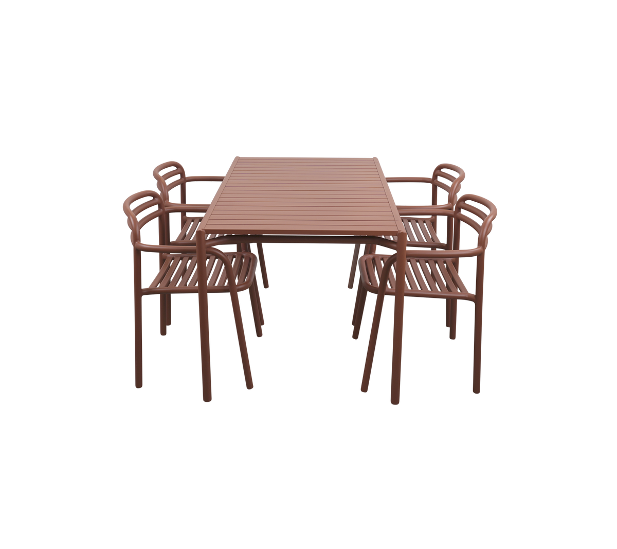 Brown rectangular dining table surrounded by six matching chairs, featuring slatted designs for a modern aesthetic.
