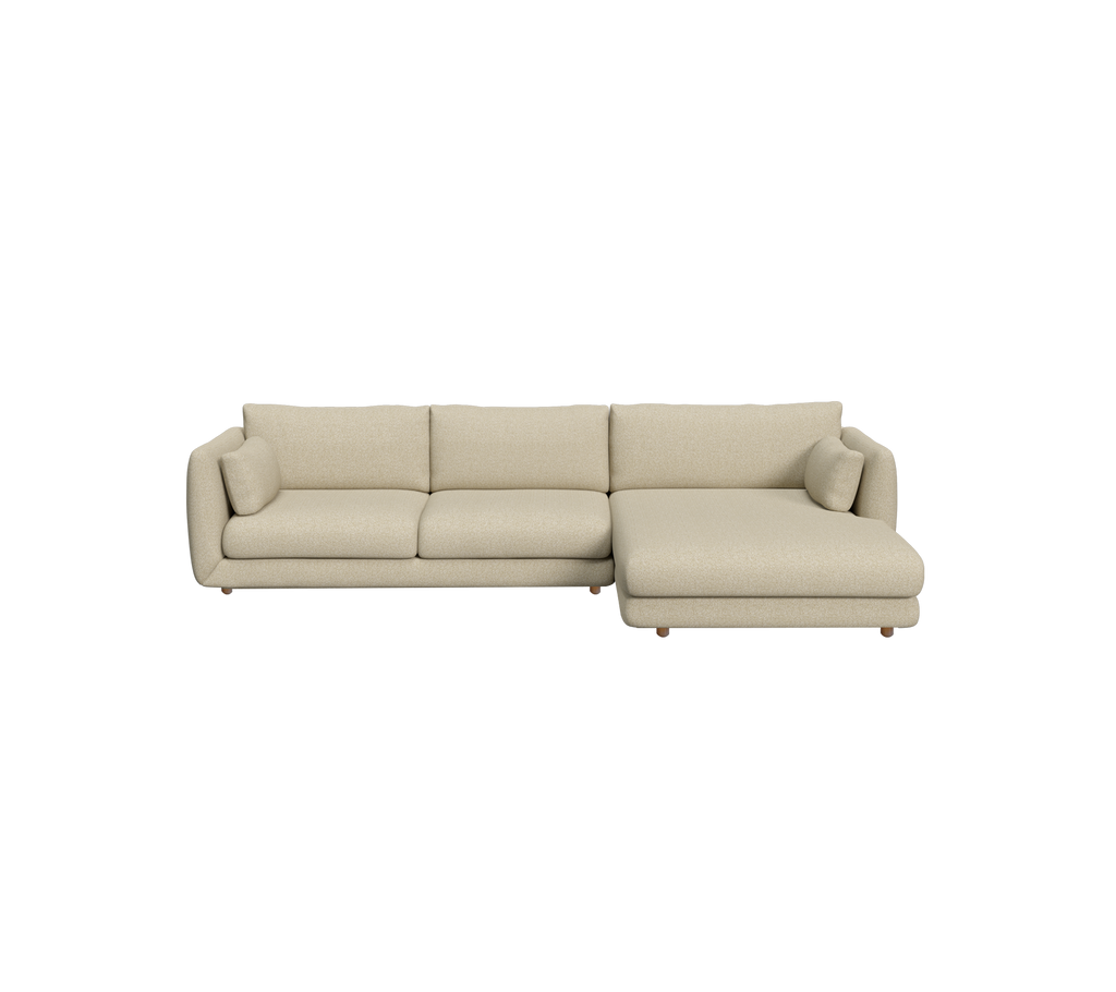 Light brown modern sofa with a chaise lounge design.
