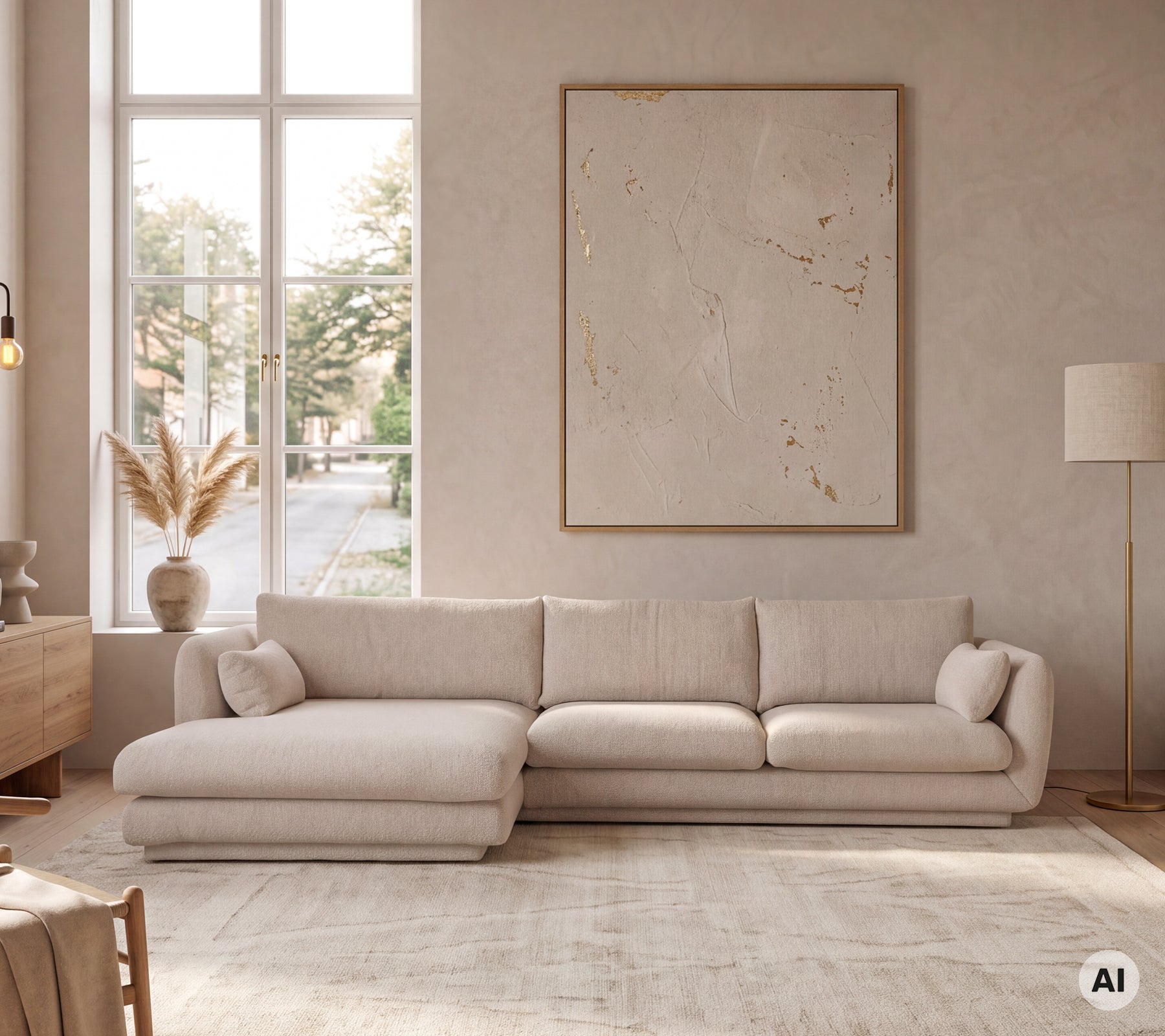 Light beige sectional sofa paired with a standing lamp in a modern lounge environment.