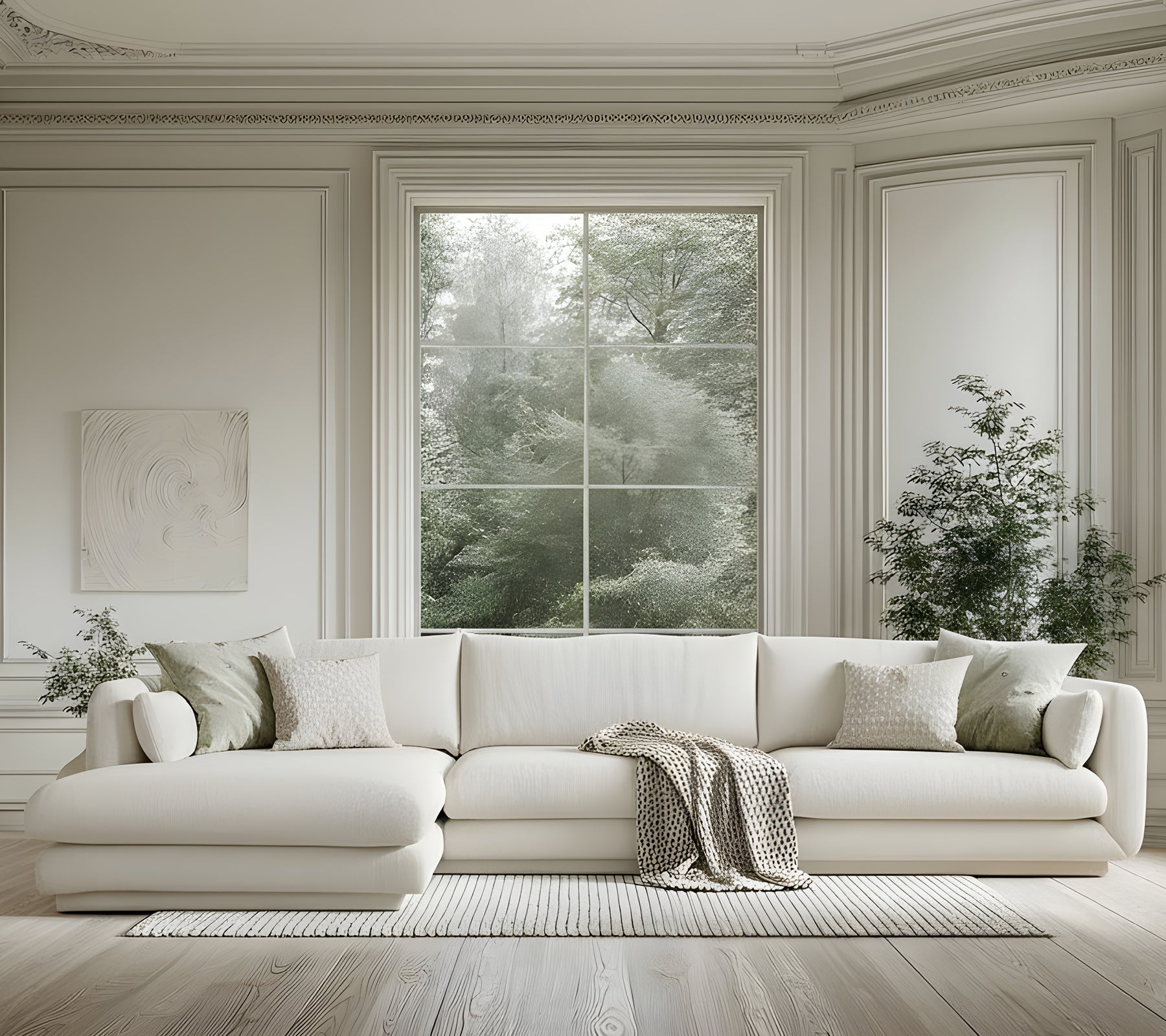 Modern white sofa with green cushions and a grey throw in a minimalist lounge setting.