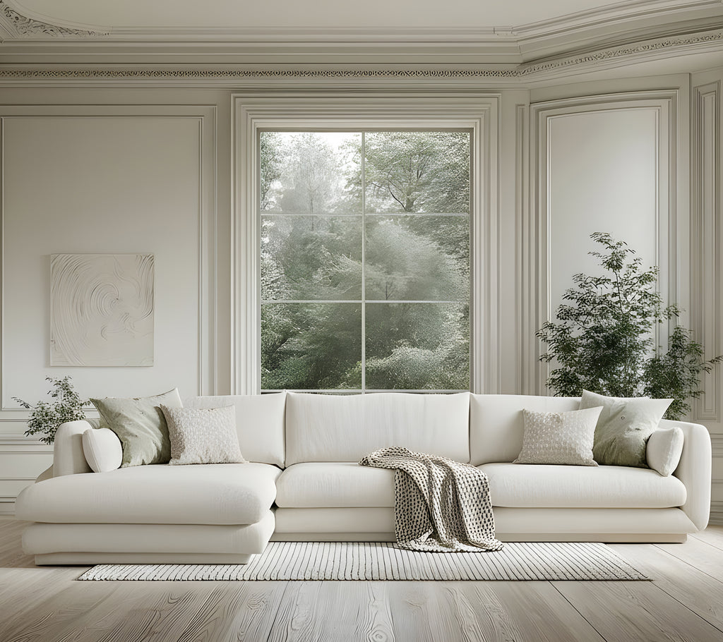 Modern white sofa with green cushions and a grey throw in a minimalist lounge setting.