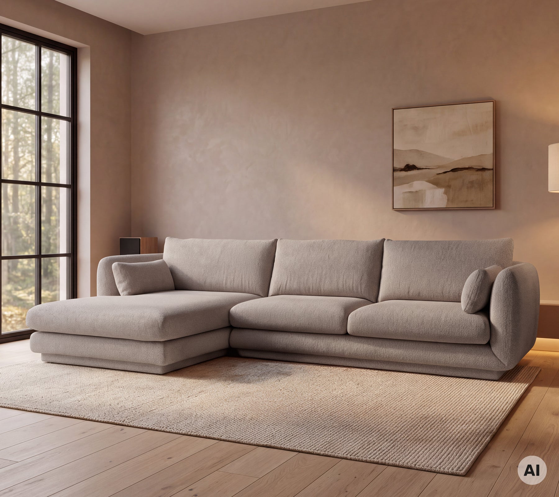 Modern grey sofa in a cozy lounge setting with a large window.