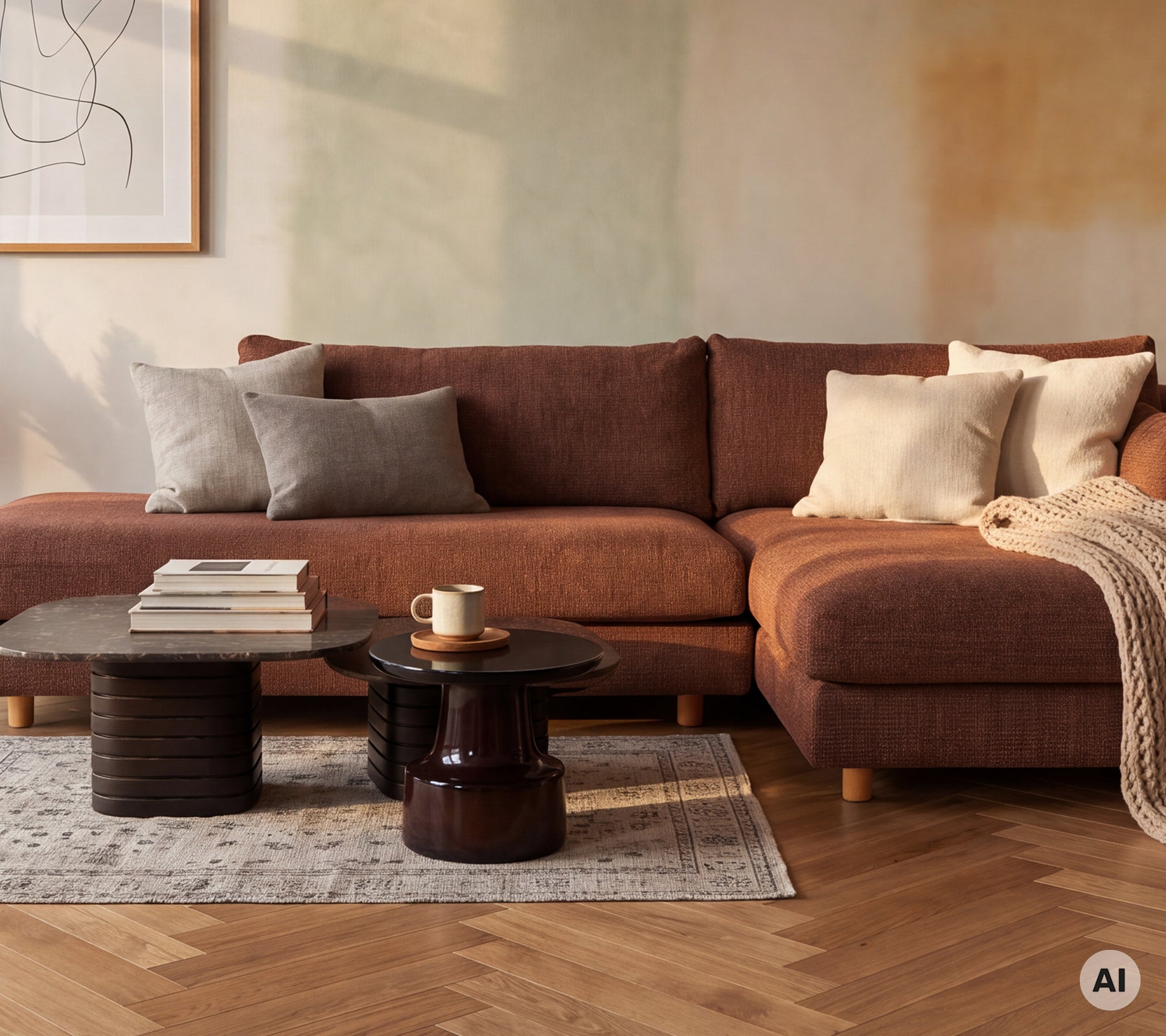 Cozy lounge area featuring a brown sofa with grey and cream cushions and a black table.