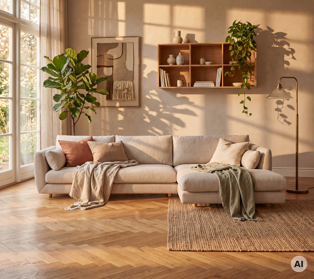 Cozy modern lounge with a beige sofa, pink cushion, green throw blanket, and brown rug.