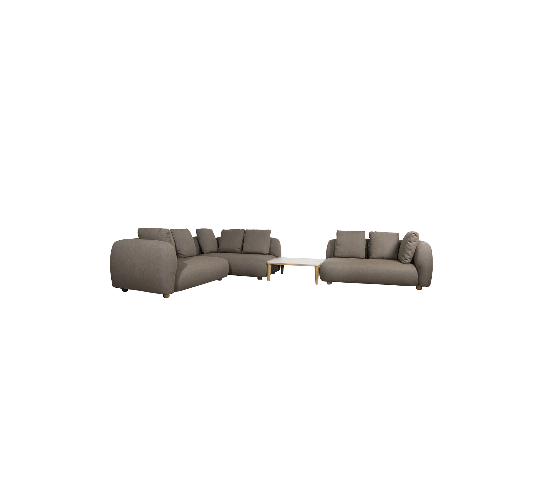 Modern taupe sofa with cushions and a light table in a lounge setting.
