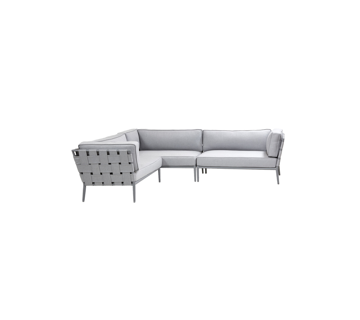 Modern light grey sectional sofa with a minimalist design and woven detailing on the backrest, perfect for stylish seating.