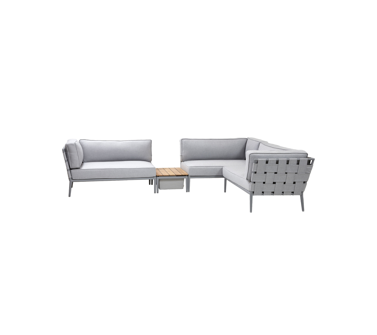 Light grey outdoor seating set with a modern design, featuring a comfortable sofa arrangement and a matching wooden coffee table.