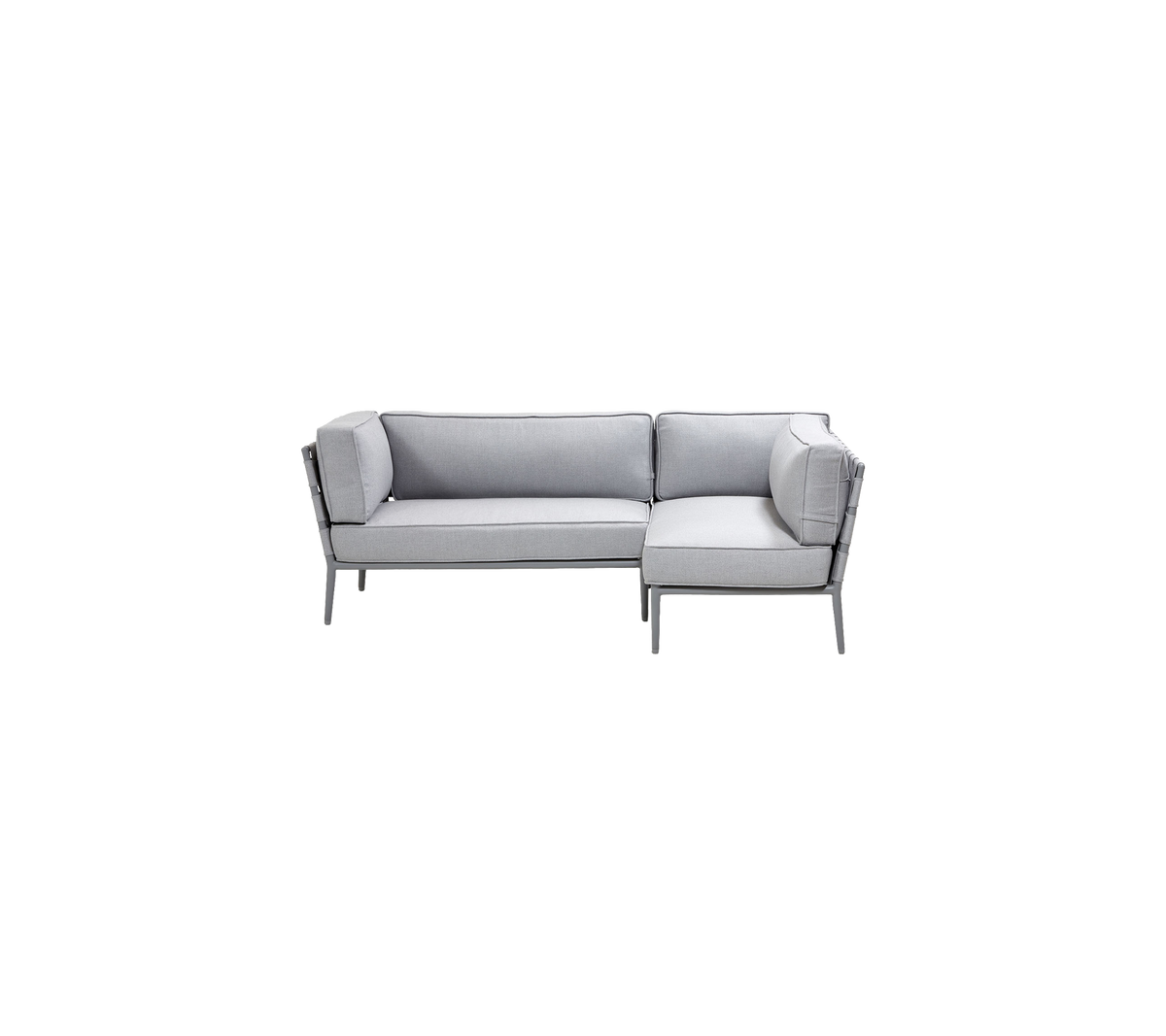 Stylish light grey sectional sofa with a modern design, featuring plush cushions for comfort and sleek metal accents.