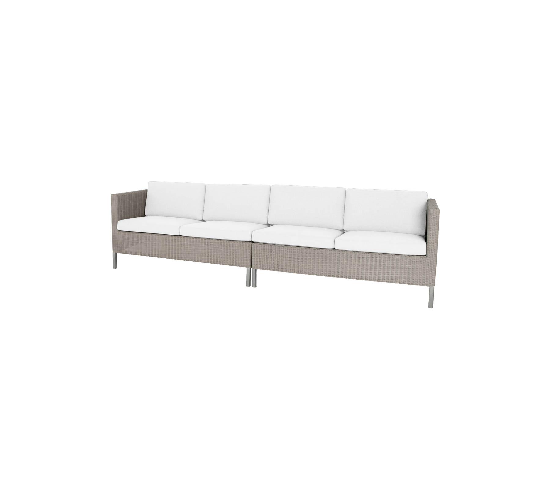 Stylish sofa with a woven base and plush white cushions, perfect for enhancing any dining space.