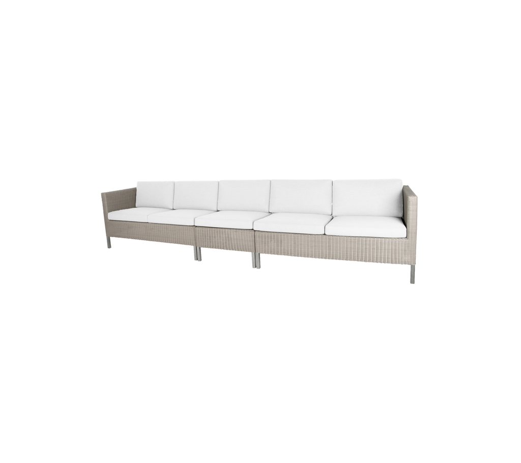 Sleek sectional sofa with a light beige frame and plush white cushions, perfect for dining or lounging.
