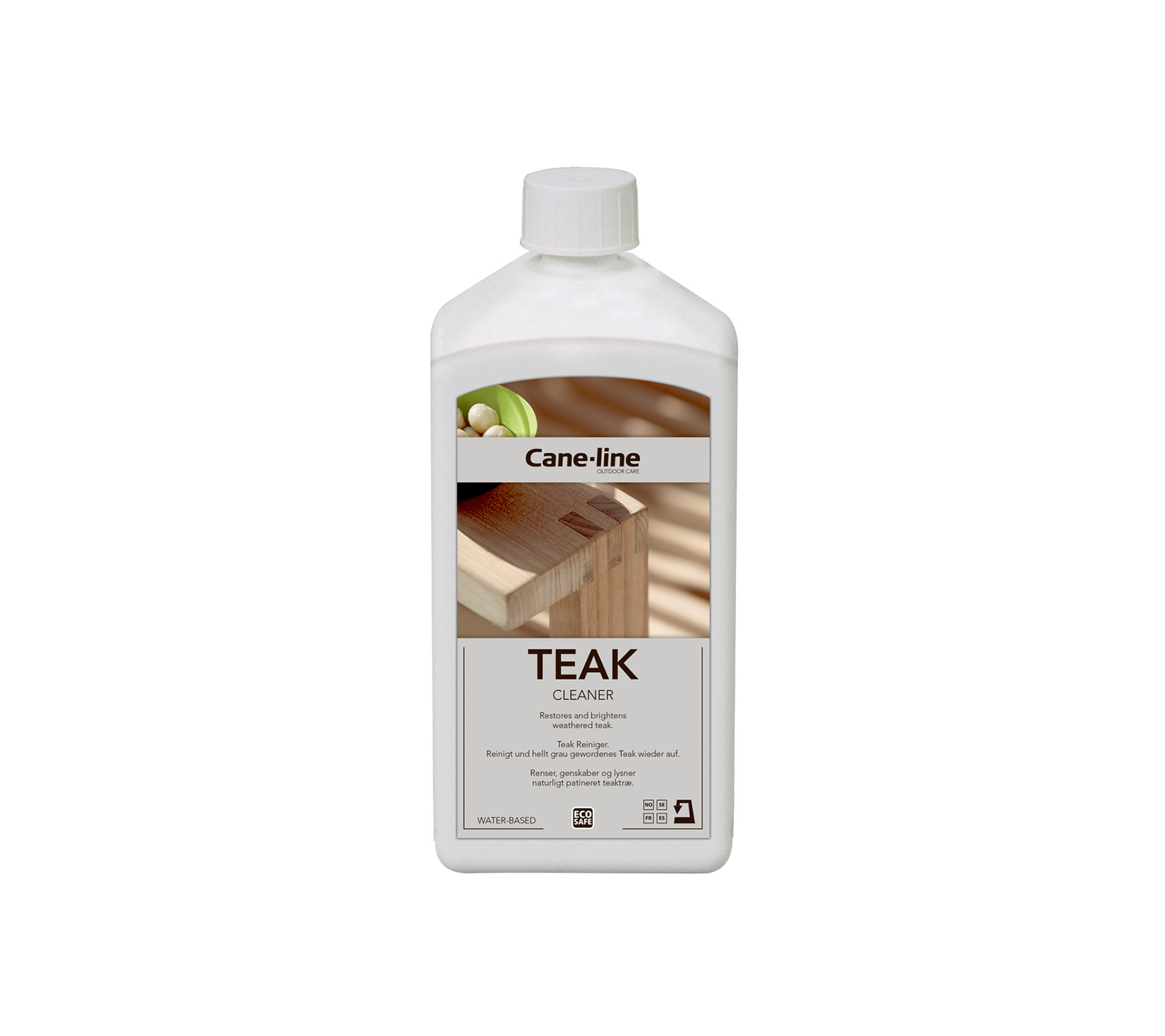Bottle of teak oil for wood care, featuring a label with product information and usage instructions.