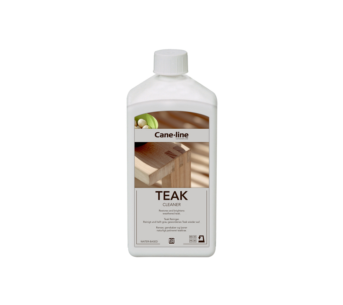 Bottle of teak oil for wood care, featuring a label with product information and usage instructions.