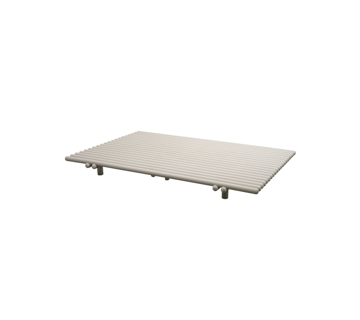 Flat, rectangular surface with horizontal grooves, supported by four legs, suitable for various uses. Color is light and neutral.