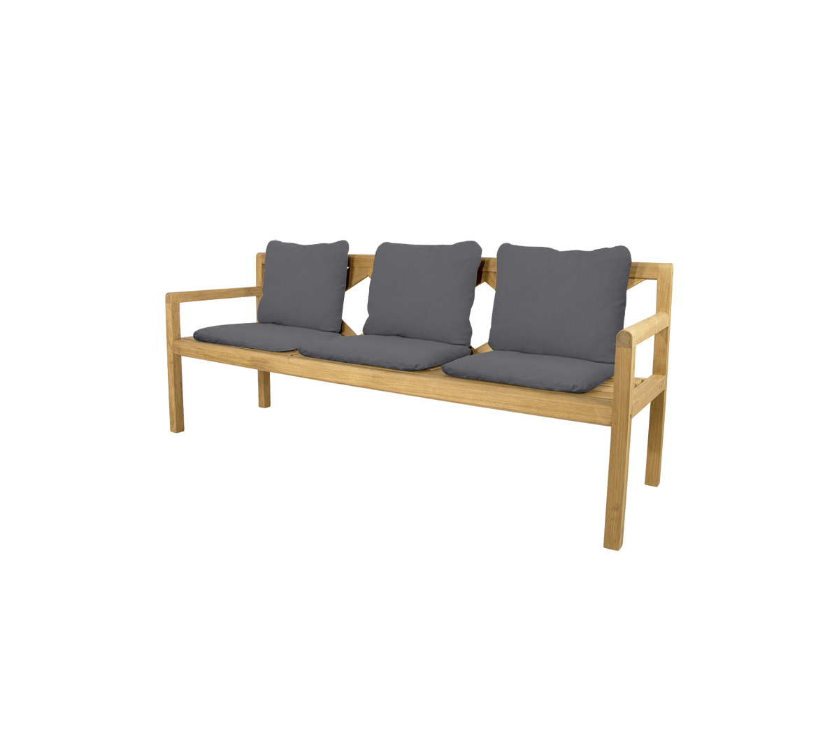Three-seater bench with a light wooden frame and three dark gray cushions, designed for comfort and style.