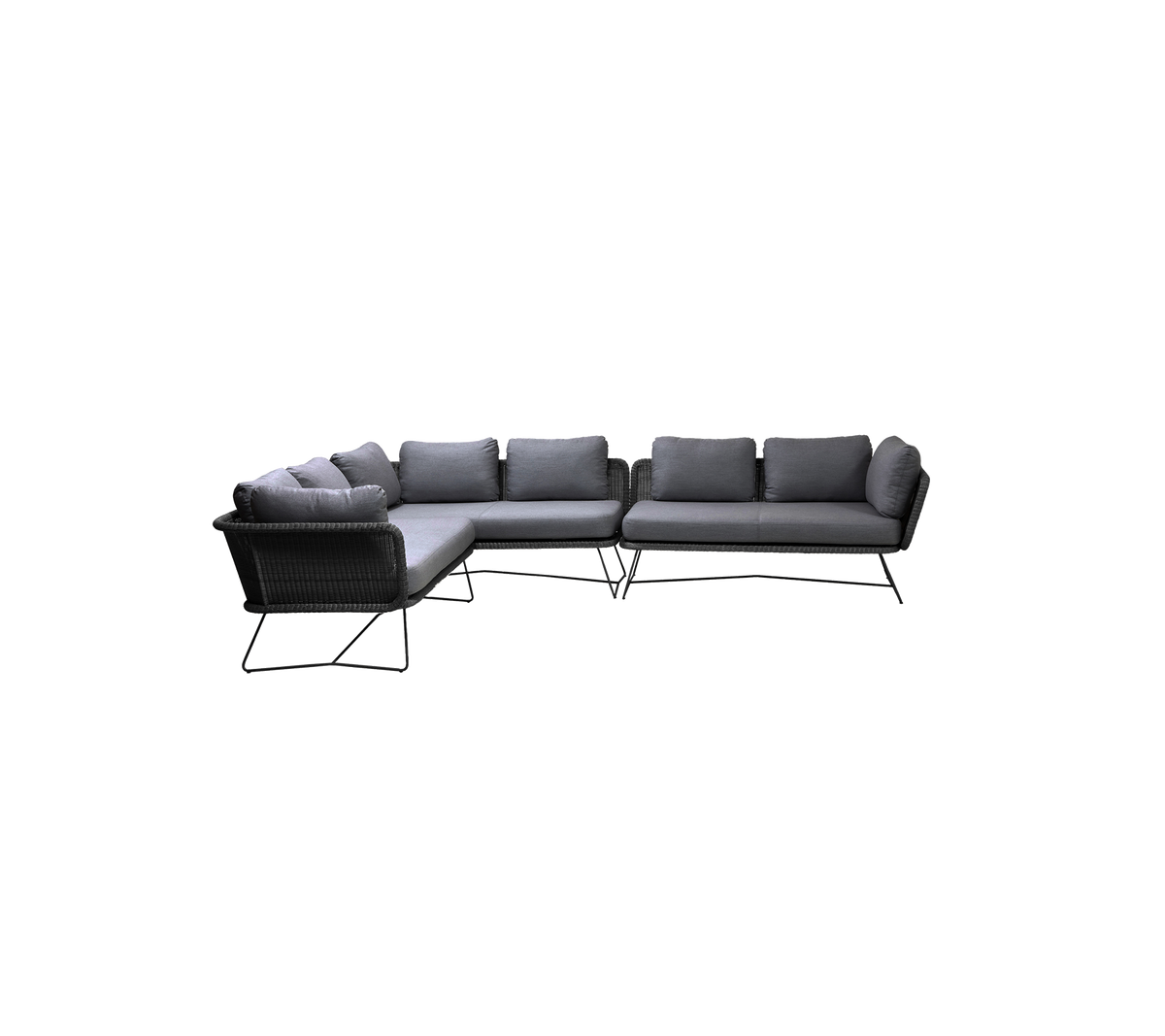 L-shaped black outdoor sectional sofa with plush grey cushions, designed for comfort and style. Ideal for relaxing spaces.