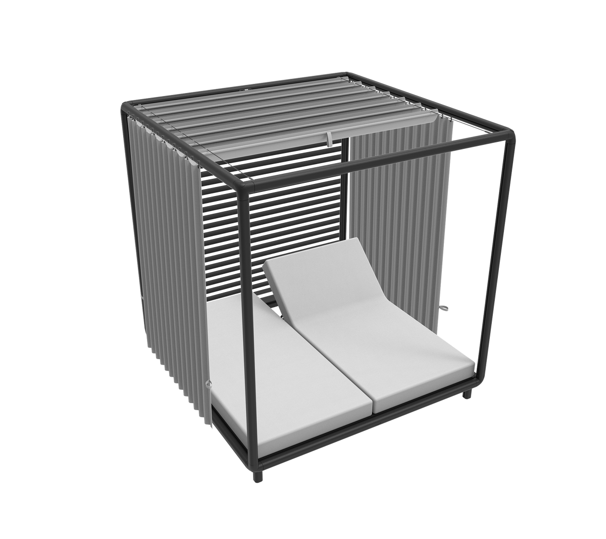 Stylish cabana featuring a sleek frame and two comfortable lounge seats ideal for relaxation and sunbathing.