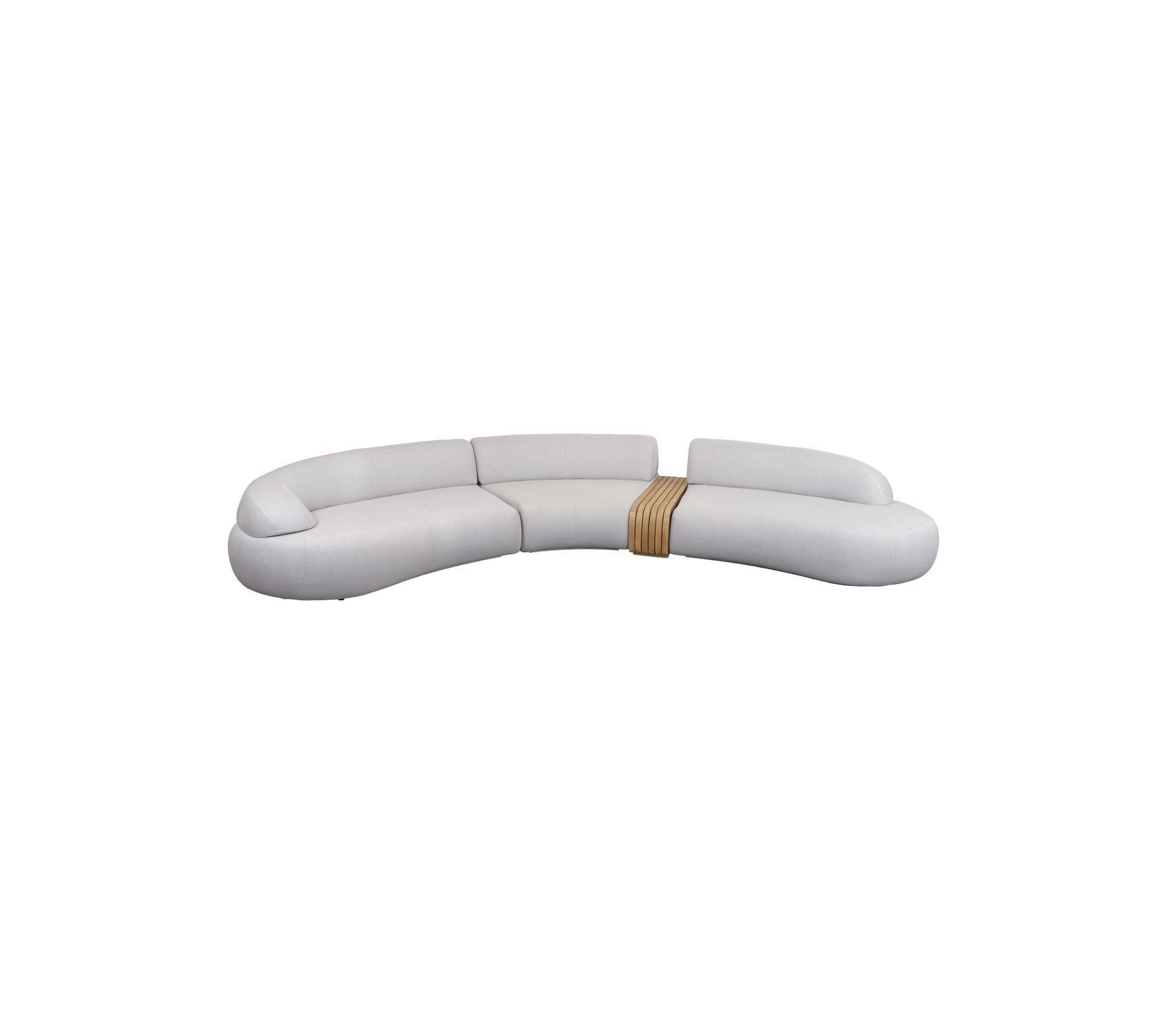 Stylish curved sofa featuring a sleek design with soft upholstery and a wooden accent for a modern look. Perfect for relaxing spaces.