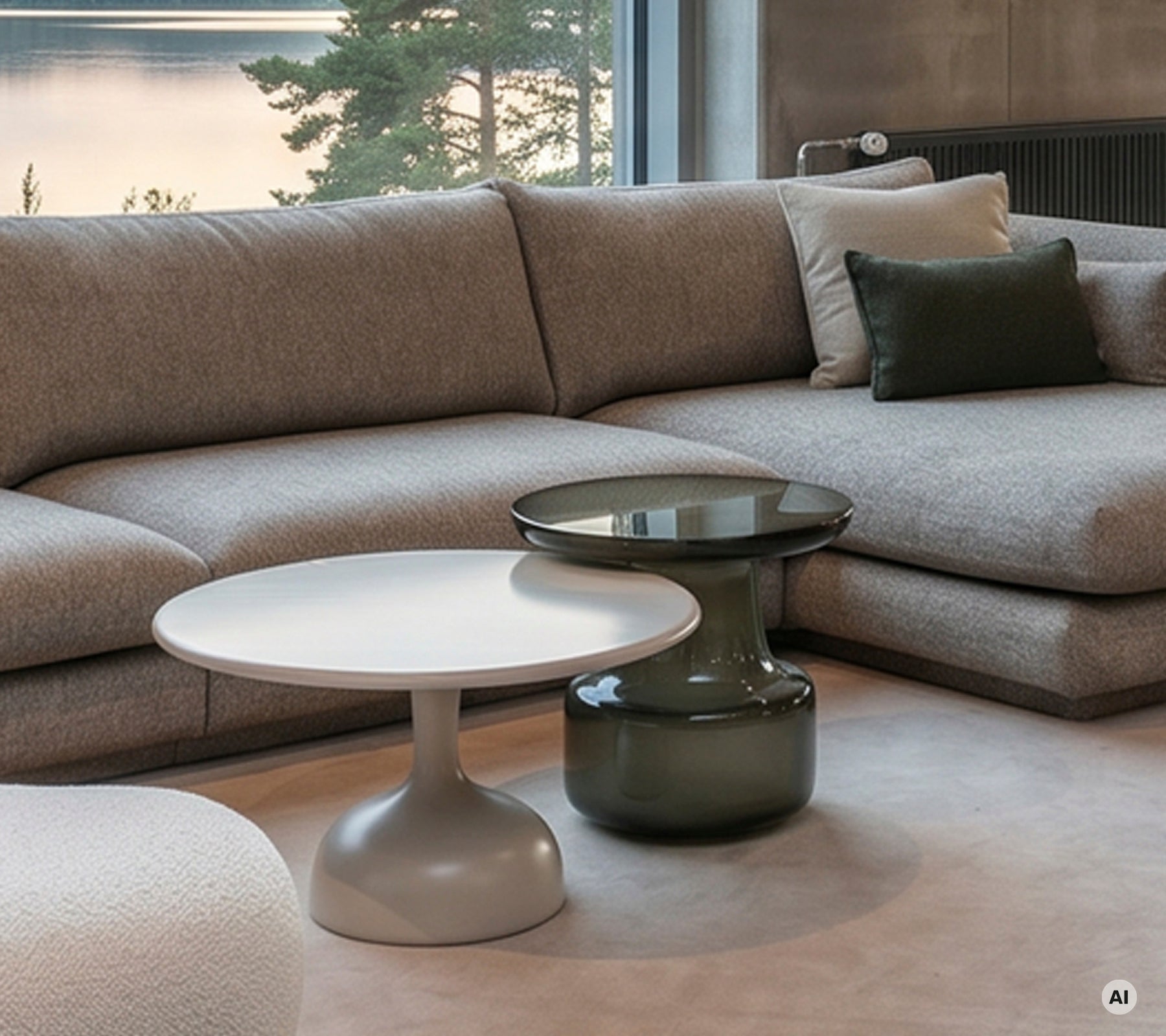 Modern lounge with a grey sofa and white and green tables.