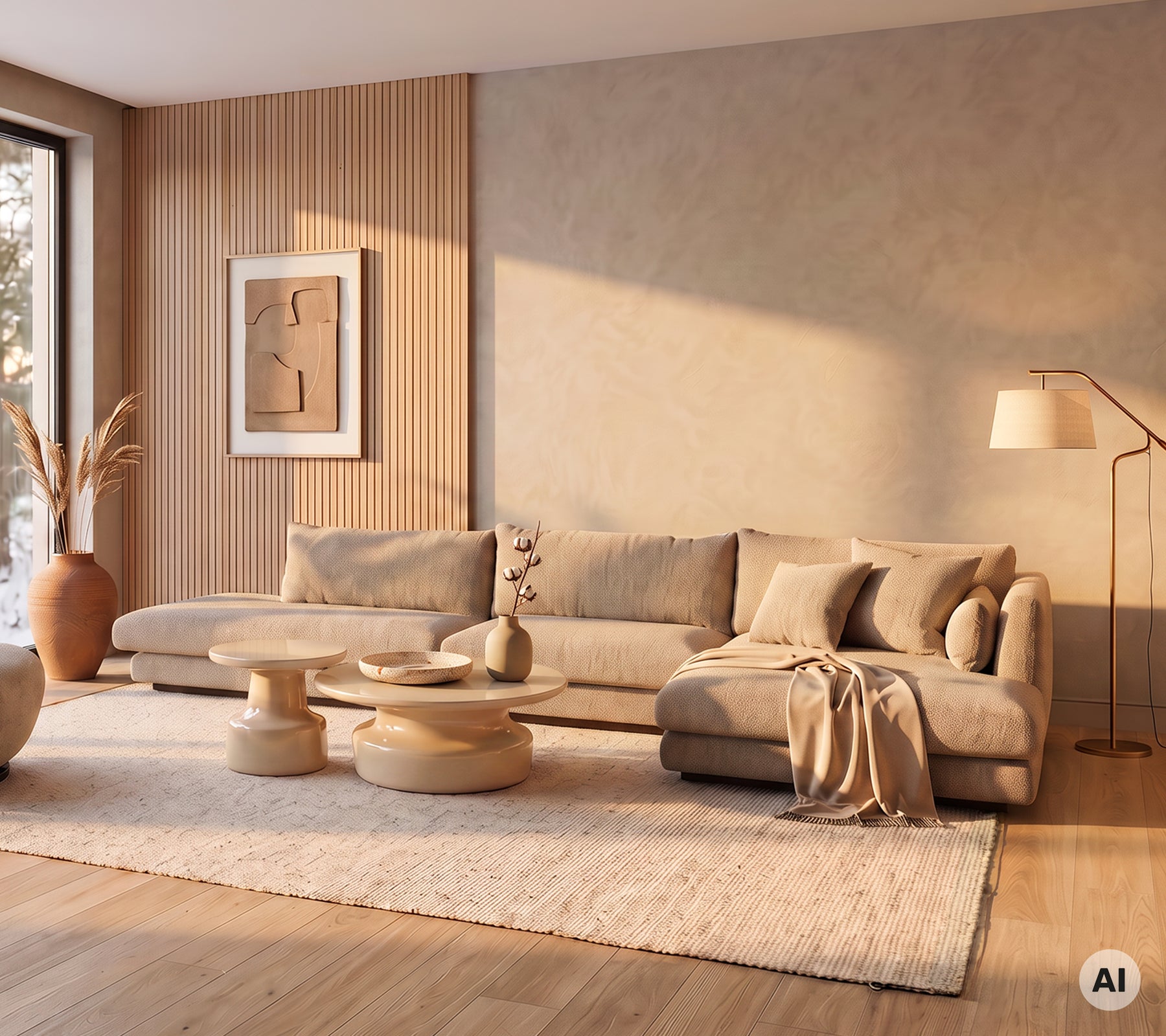 Modern lounge with a beige sofa, round coffee table, and a soft rug.