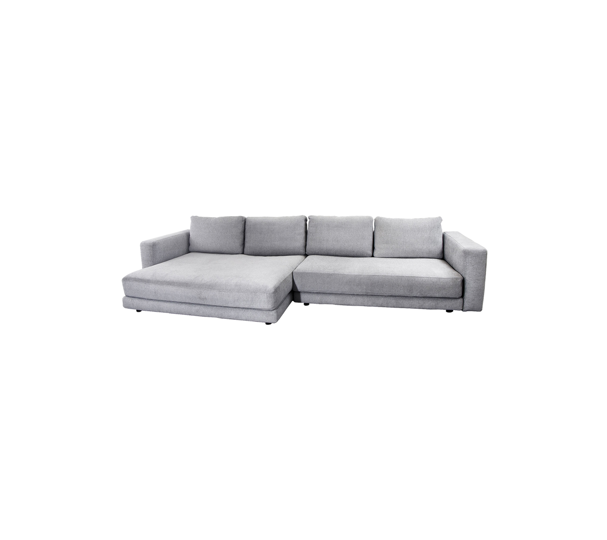 Modern gray sectional sofa with a chaise lounge, featuring plush cushions and a sleek design for comfortable seating.