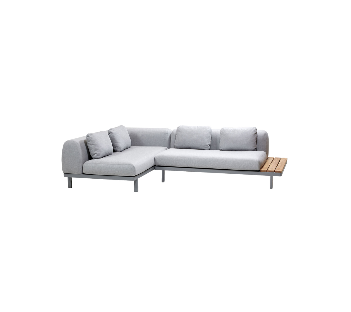 Modern light grey sectional sofa with plush cushions and a wooden accent tabletop on one side. Ideal for stylish lounging and relaxation.