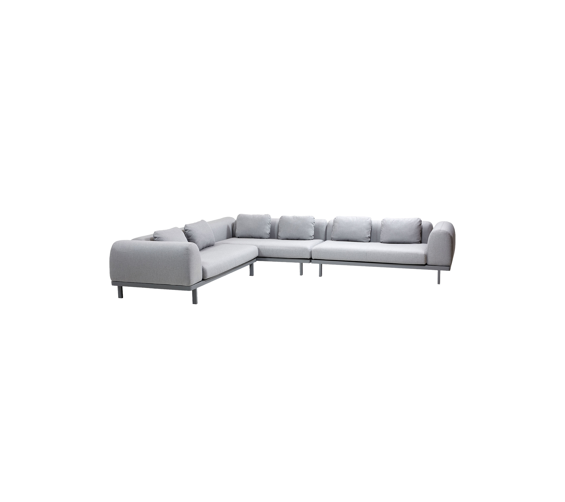 Light grey sectional sofa with plush cushions and modern design, featuring a sleek metal frame for a contemporary look.