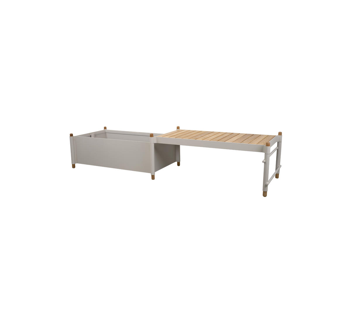 Wooden planter with a rectangular design featuring a light gray container and a slatted wooden top for planting.