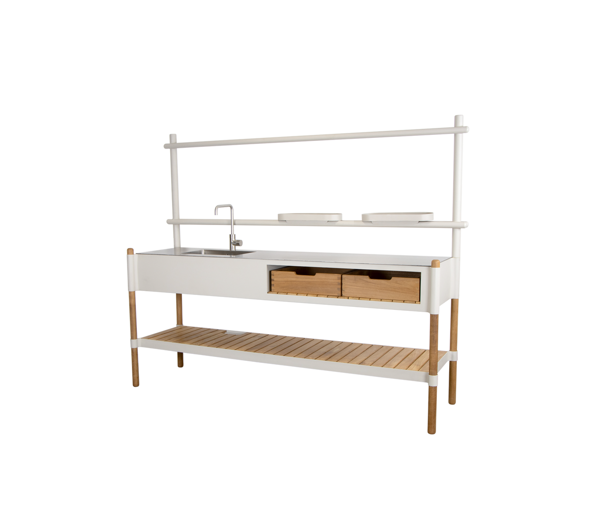 Stylish kitchen unit featuring a sink, two drawers, and an open shelf for storage, complemented by a modern design.