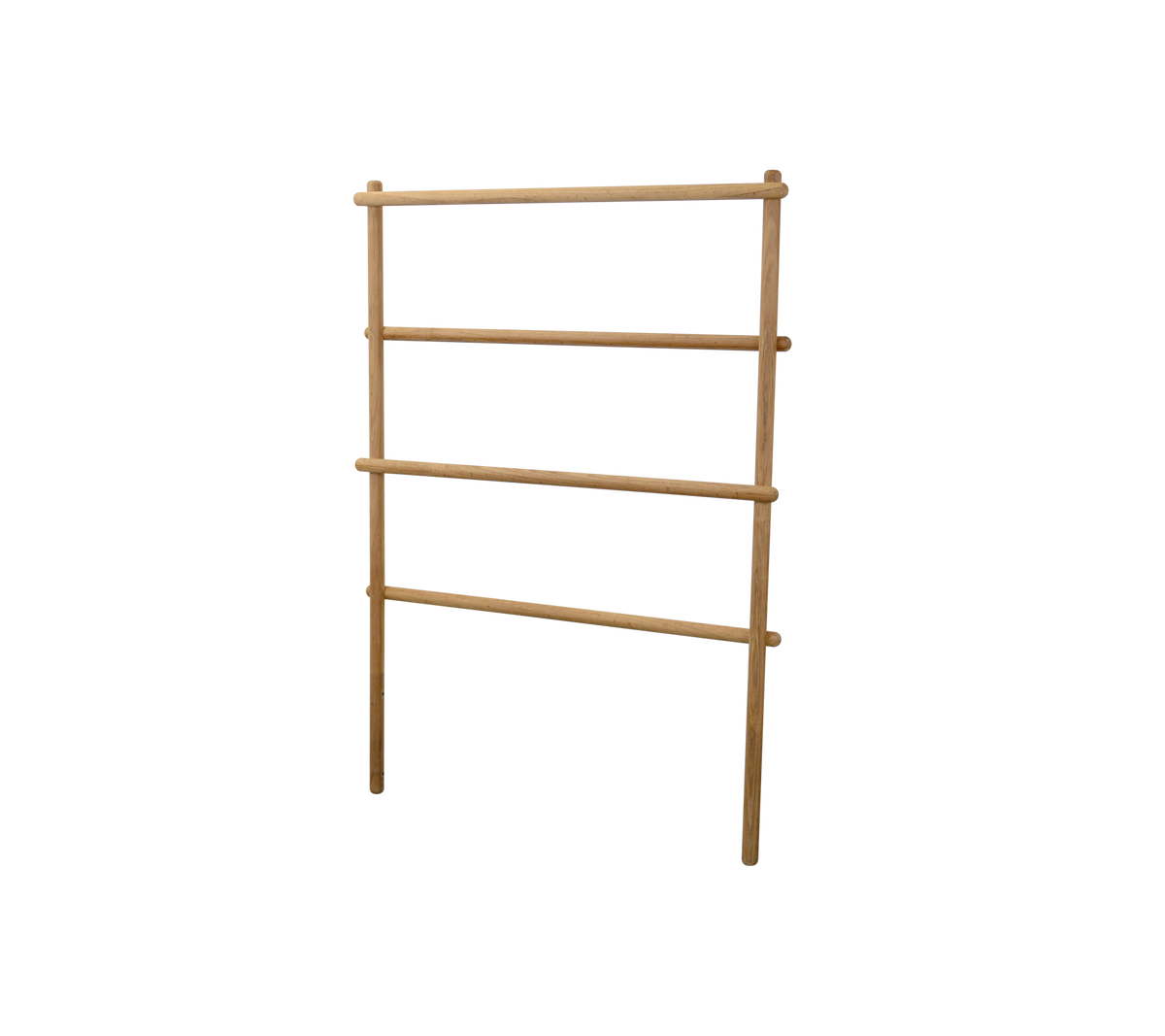 Wooden rack with three horizontal bars for displaying or storing items. Natural finish enhances any decor style.